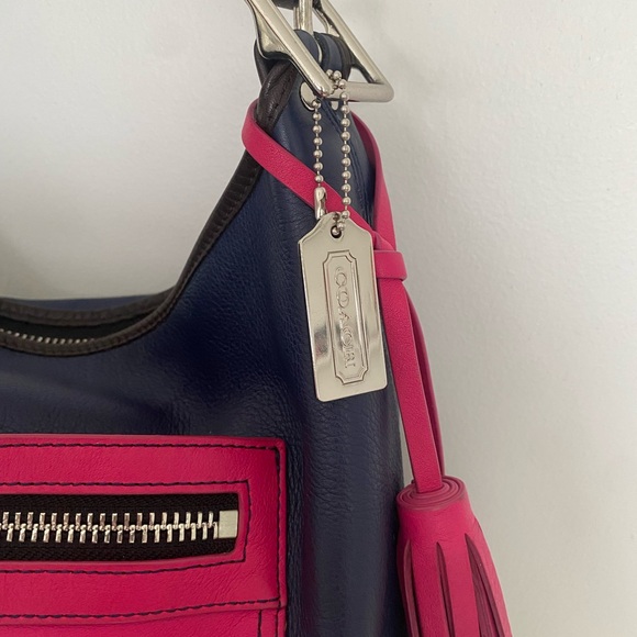 COACH Legacy Shoulder BucketBag Colorblock Pink Navy Brown Leather 13x11x5 - Picture 1 of 15